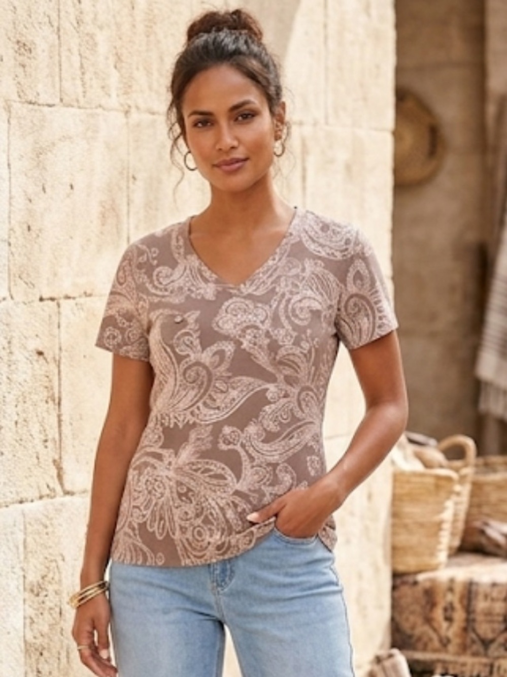 Fresh Produce cotton short sleeve Tan Paisley pocket Tee Shirt XXL